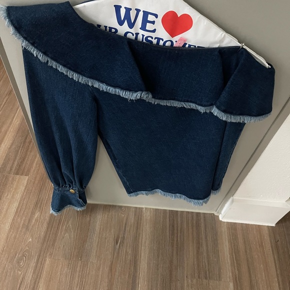 TANYA TAYLOR Denim Orla One-Shoulder Ruffle Fringe Top in Indigo - Picture 2 of 7